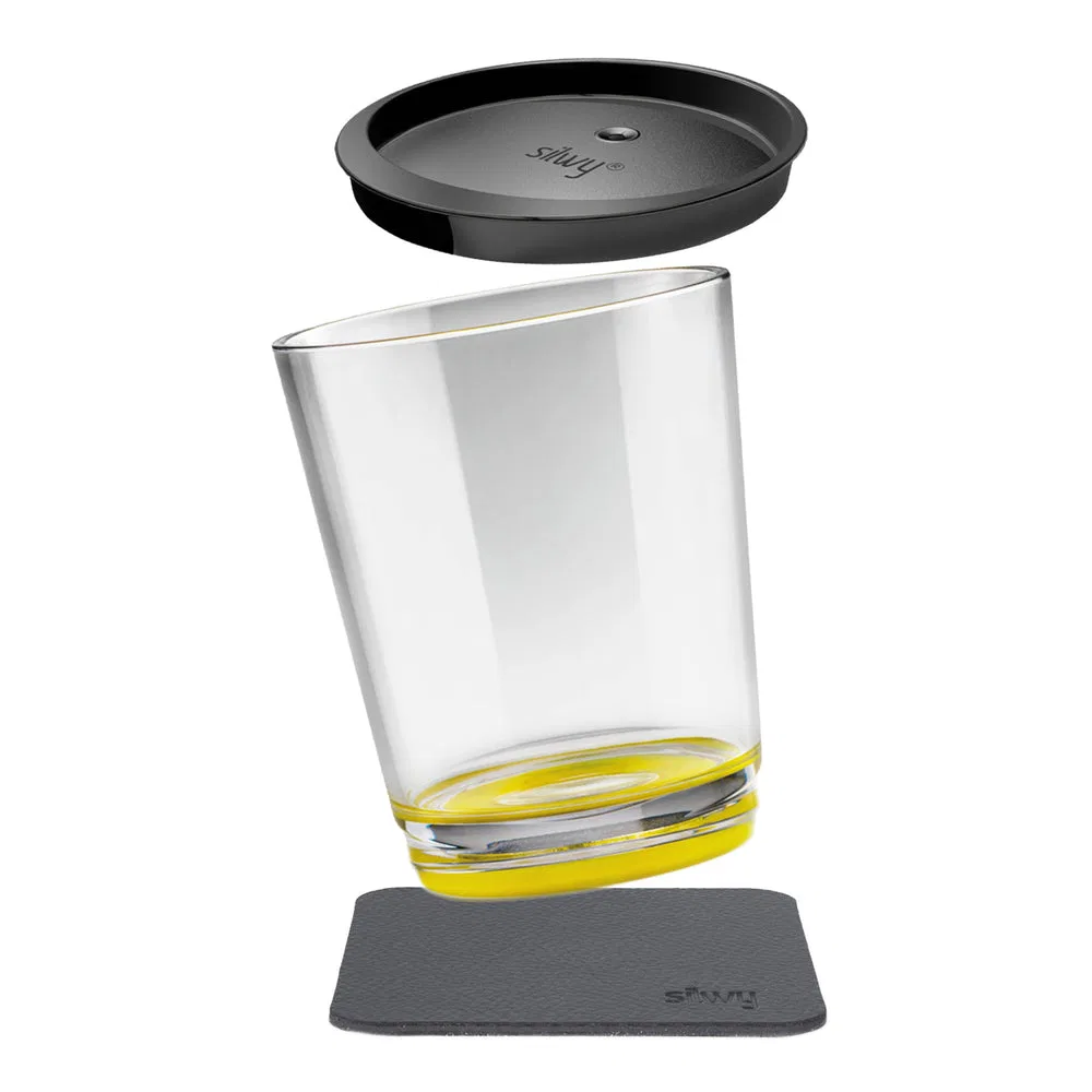 S025-1505-1 – SILWY MAGNET Drinking Glass, Magnetic Glass Clear With Yellow Bottom Plastic 8.5 Ounce Single BPA Free ...